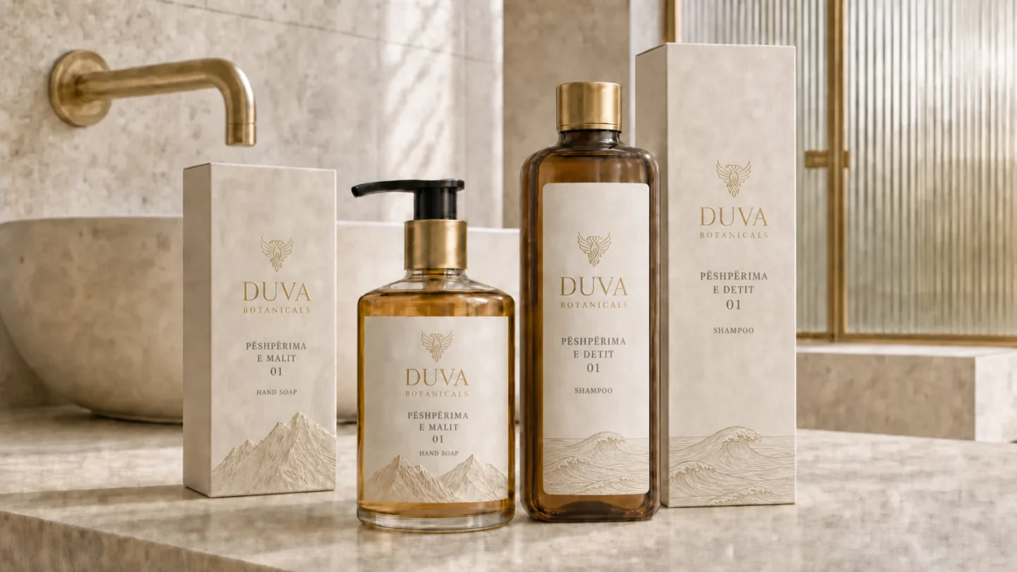 Duva Botanicals Pëshpërima e Malit hand soap and Pëshpërima e Detit shampoo in a luxury hotel bathroom